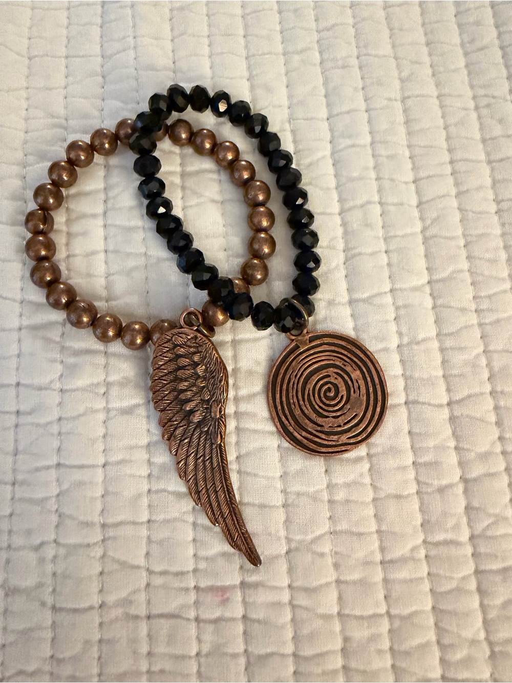 Copper Wing & Spiral Charm Beaded Bracelet Set - Black and Copper